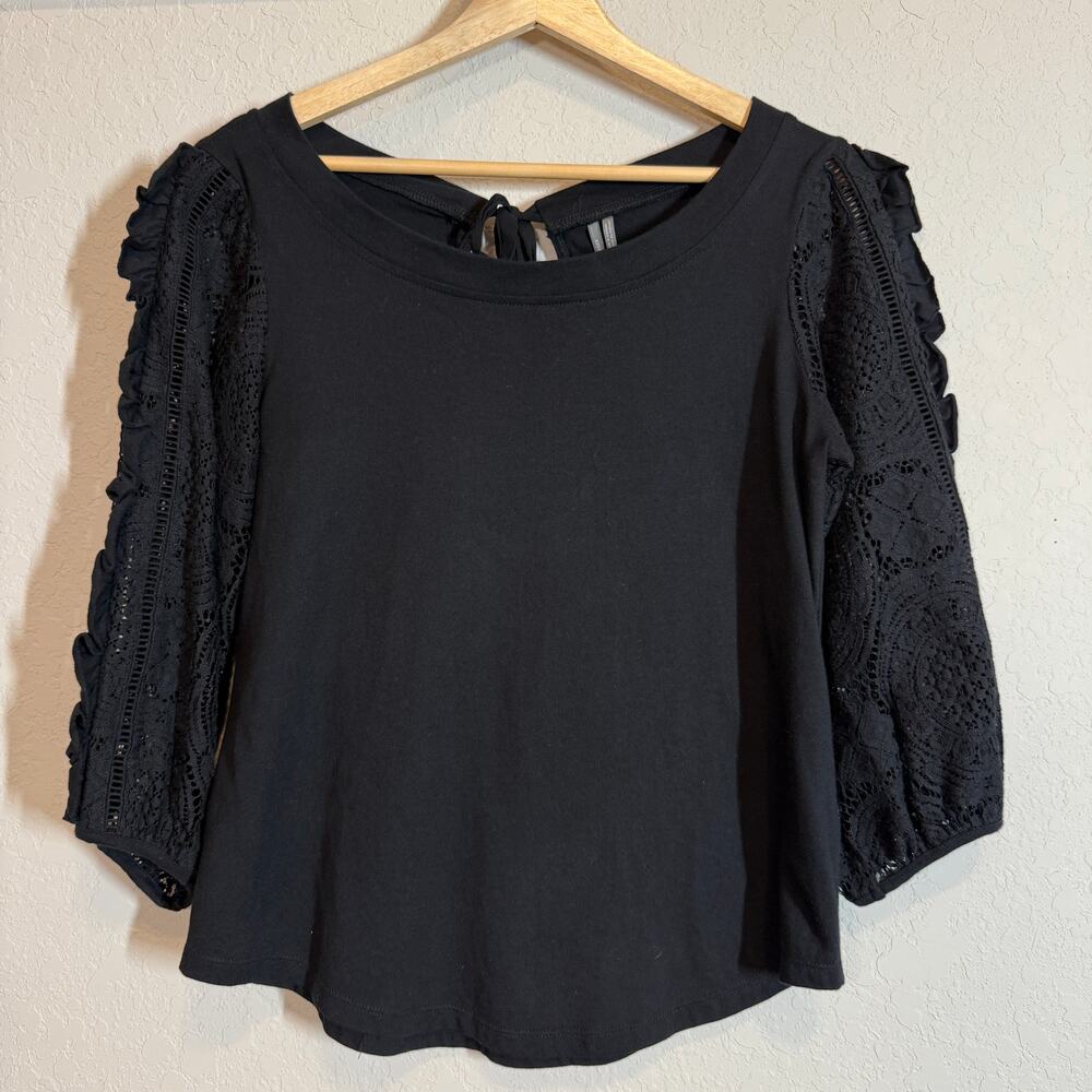 Women's Anthropologie Black Pullover Shirt Lace Three Quarter Sleeves Size S